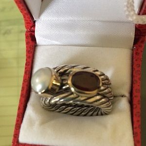 Sterling silver and garnet & pearl ring,